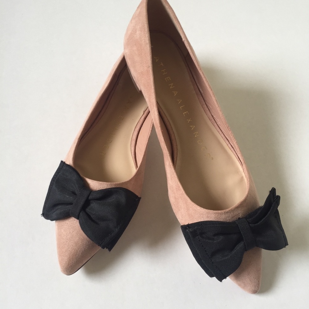 Athena Blush Suede Black Satin Bow Shoes Size 7.5